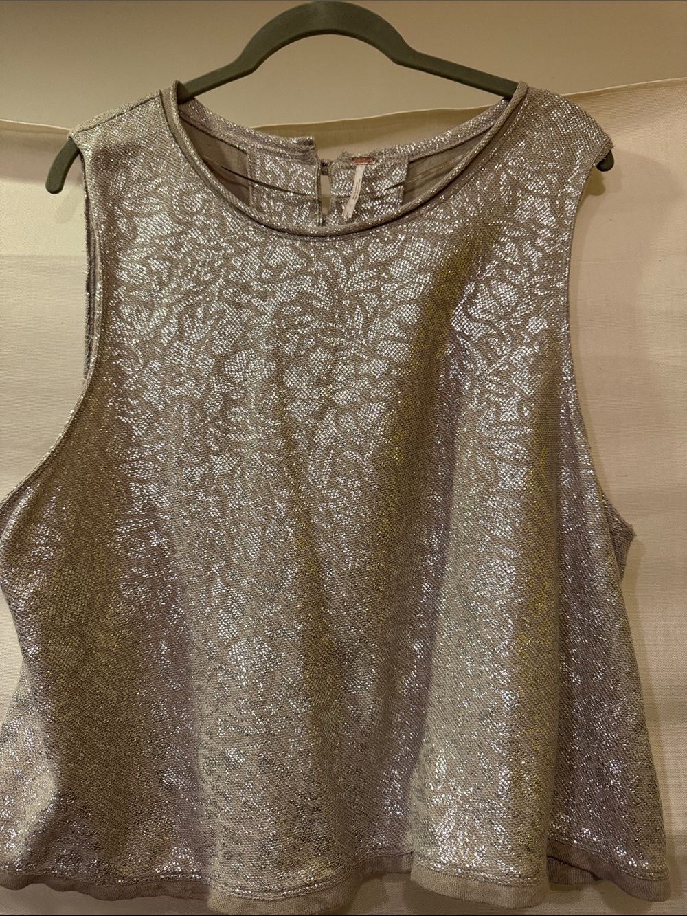 Free People Silver Metallic Floral-Texture Tank Top